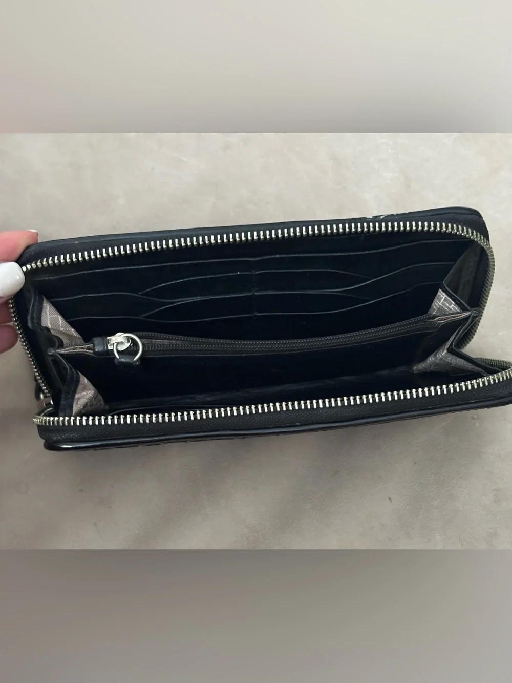 Cole Haan Black Woven Patent Leather Zip Around Wallet Checkered Organizer